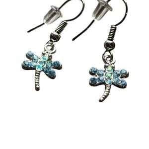 Blue Rhinestone Dragonfly Earrings with Silver Tone Accents